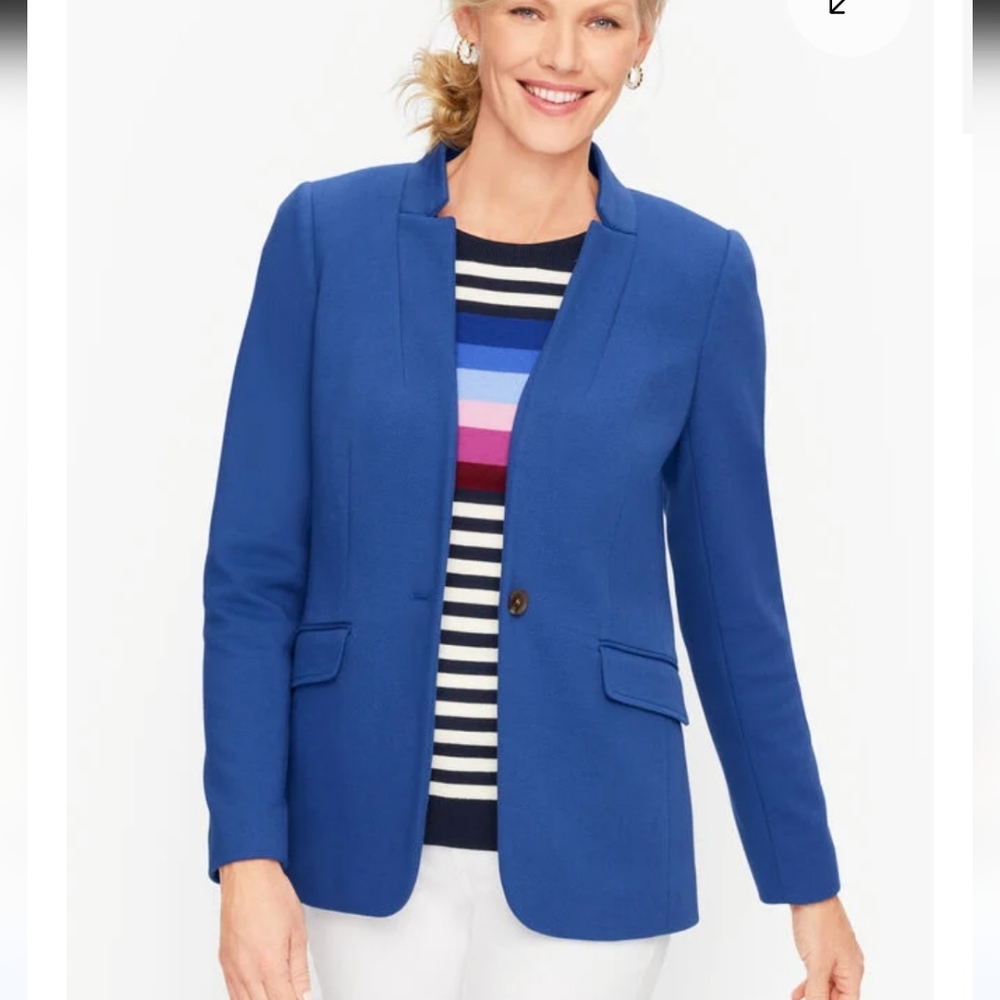 NEW Talbots Easy Knit Twill Blazer One Button Front Royal Blue Polka Dot Lining